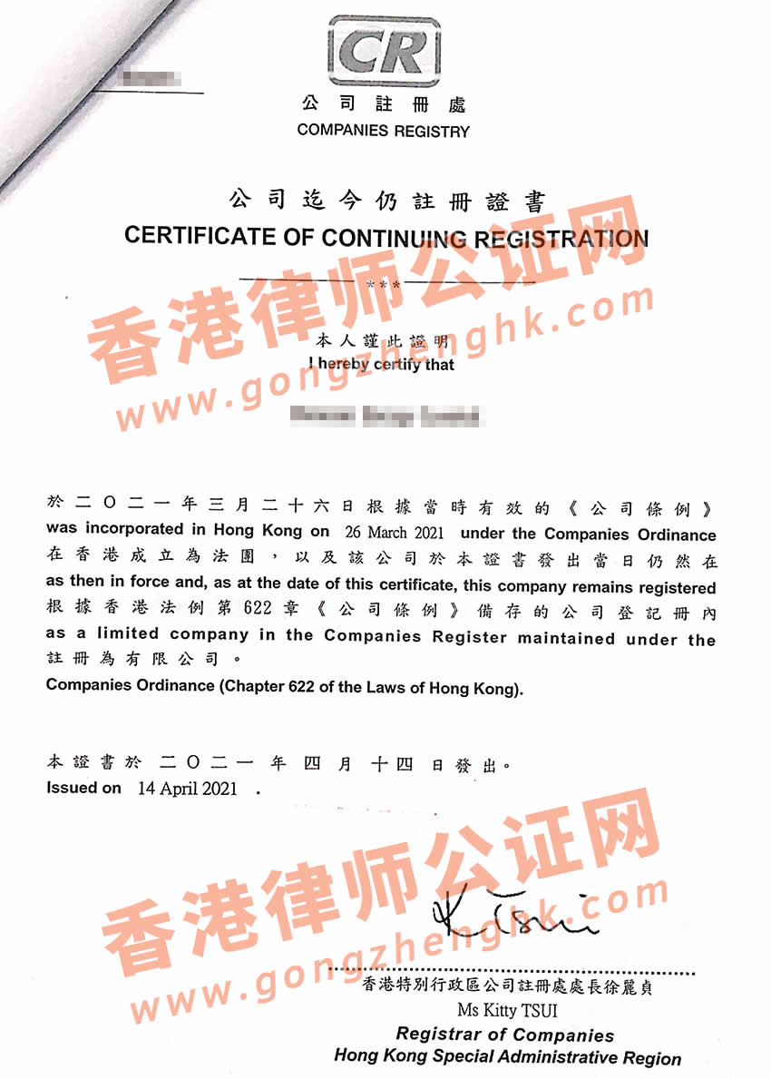 香港公司主体资格办理海牙认证样本