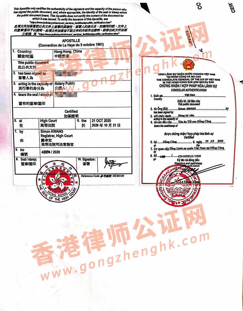 香港公司注册证书投资越南公证认证样本
