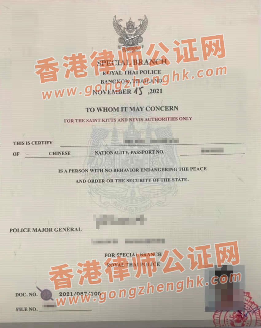 中国公民在泰国的无犯罪记录证明样本
