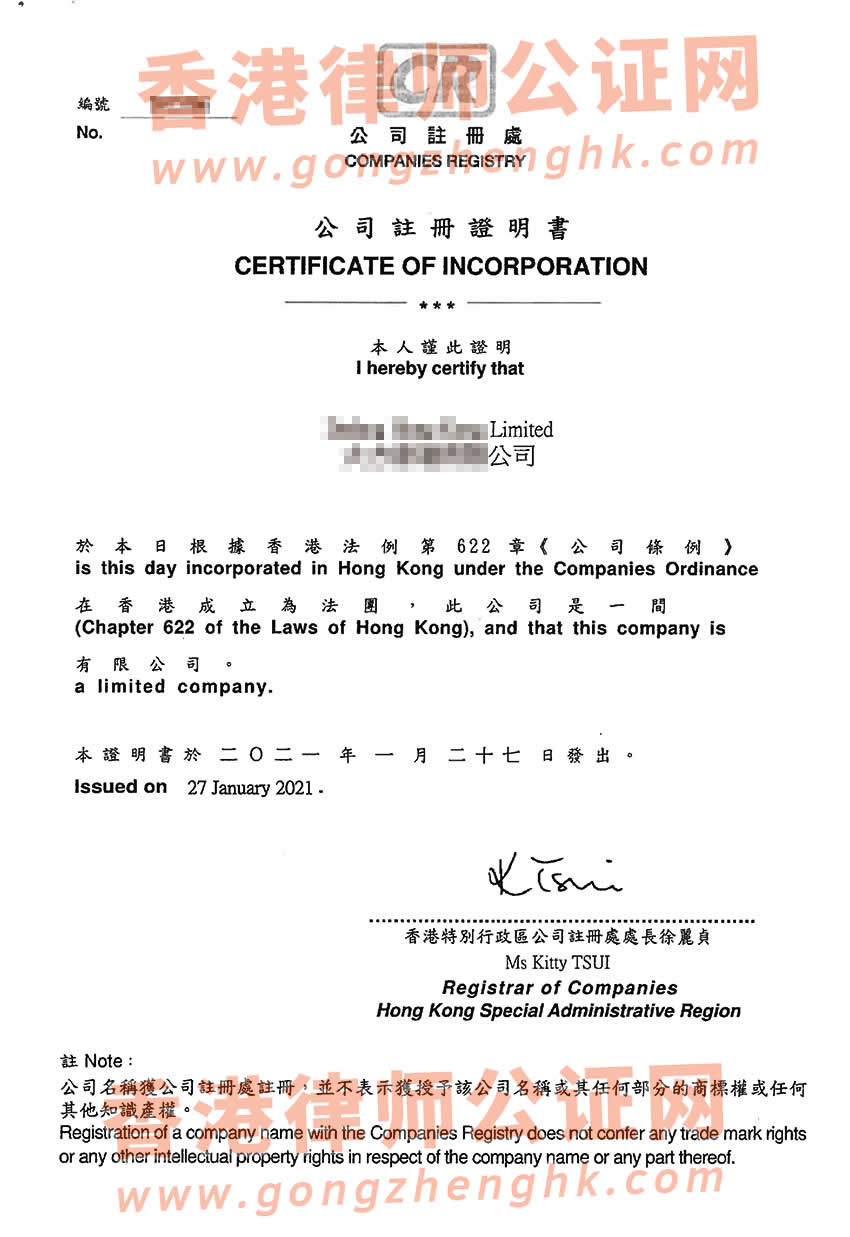 香港公司全套资料办理海牙认证参考样本